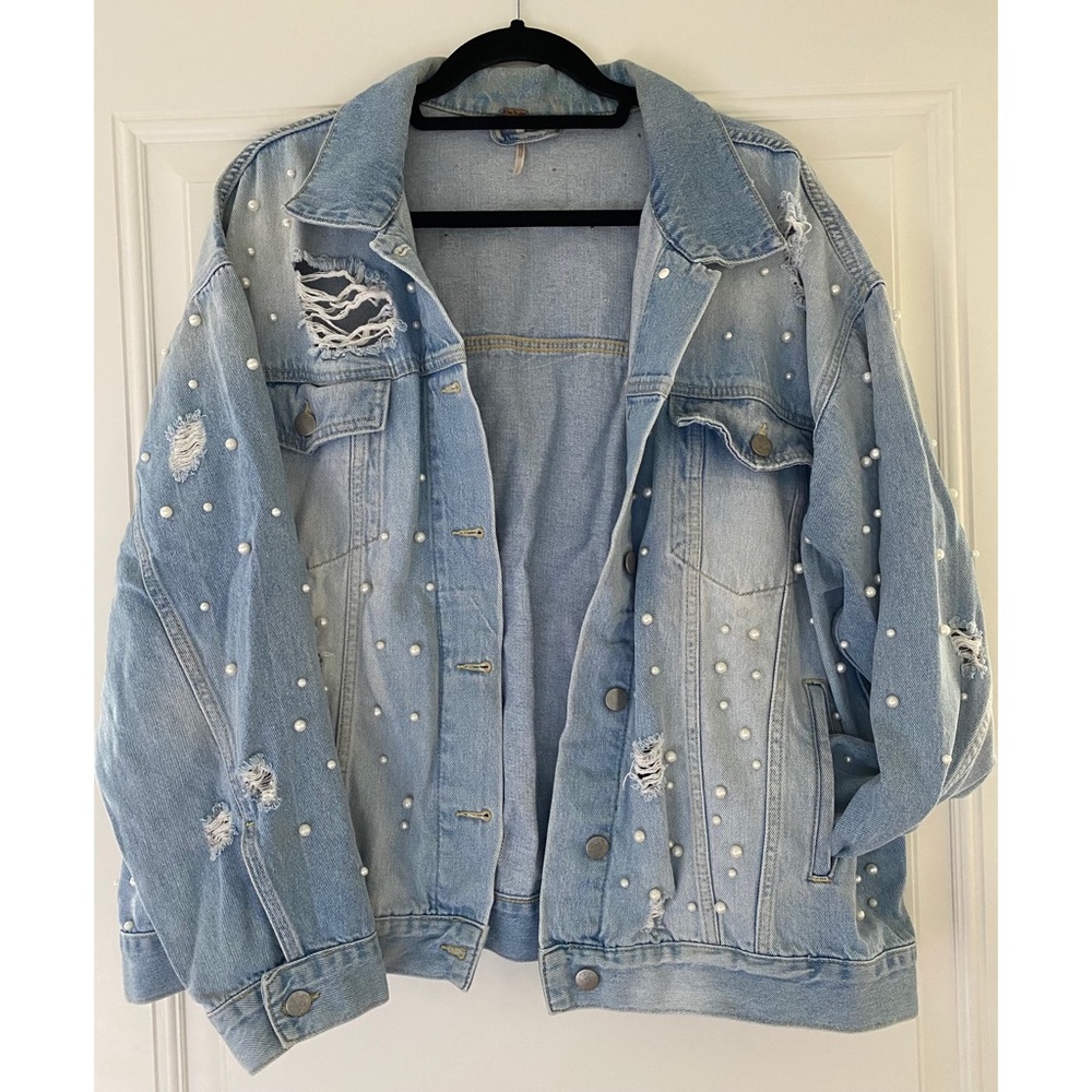 Free People Sunday Funday Denim Pearl Studded Jacket